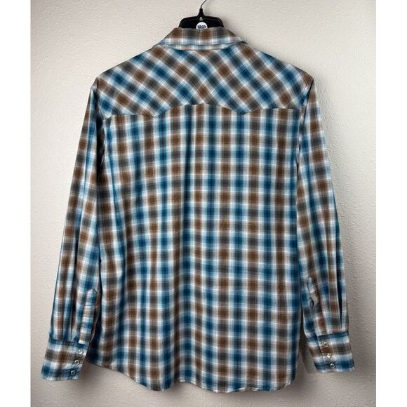 Wrangler XL Blue Brown Plaid Western Long Sleeve Pearl Snap Button Shirt - Picture 2 of 6